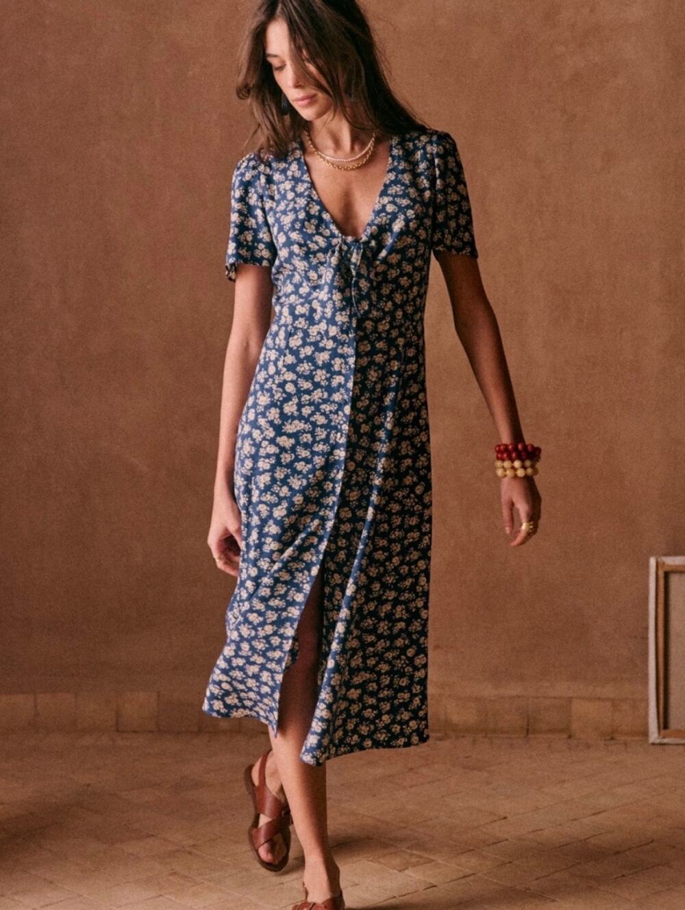 Sezane Ophelia Button-Front Midi V-Neck Feminine Dress Cara Floral Print 38/US6